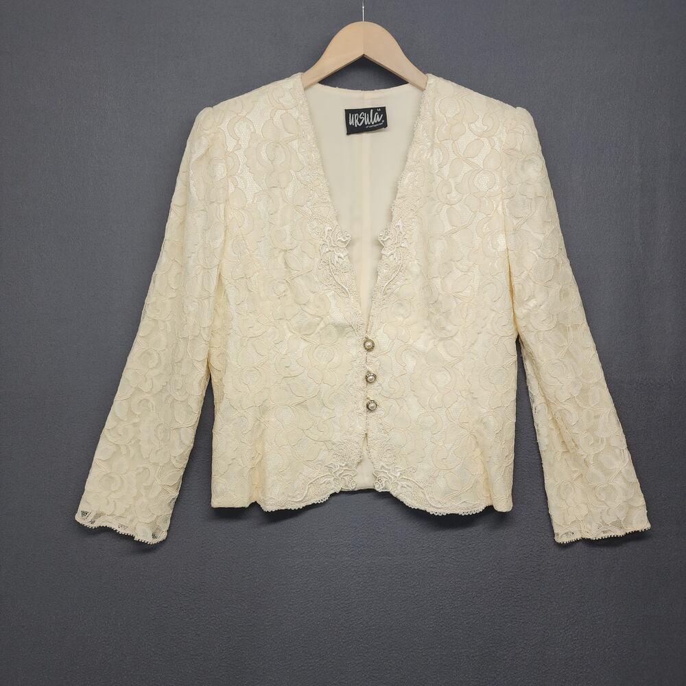 Vintage Ursula White Elegant Formal Blazer Womens 14 Floral Lace Made in USA